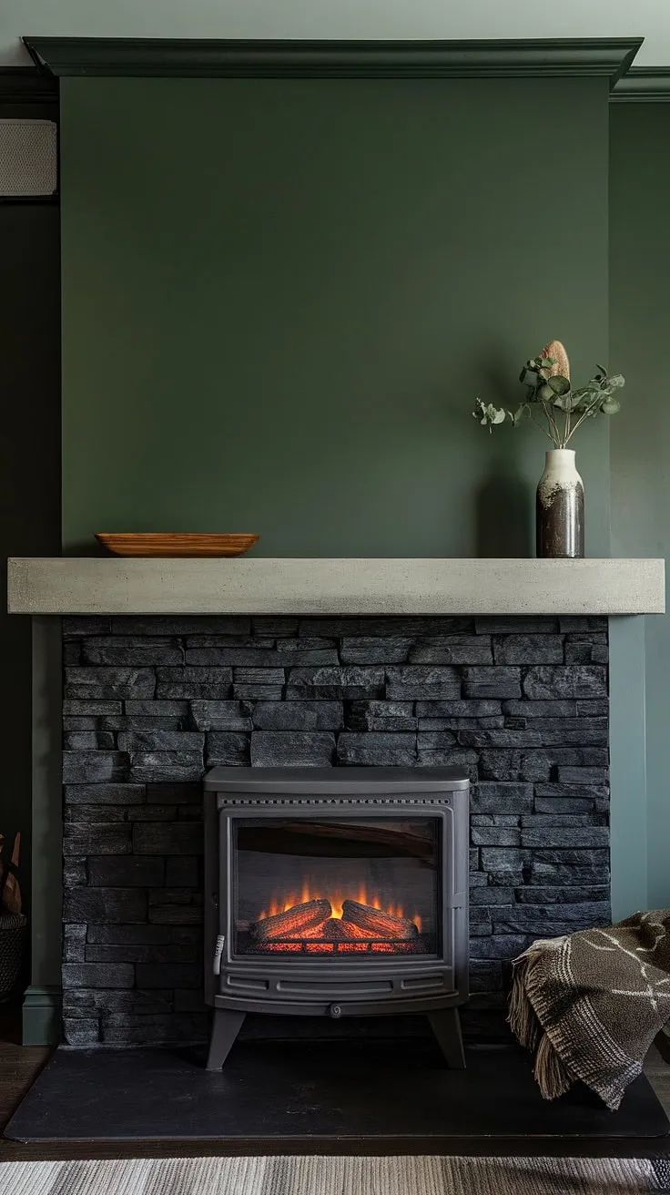 This dark and moody living room is anchored by a stunning alcove fireplace. The black stack stone fireplace, with its unique concrete mantle and cottage electric fireplace, offers a modern fireplace decor statement against the rich green wall.  This black brick fireplace design is a perfect example of living room fireplace ideas for those who appreciate a sophisticated, dark color fireplace aesthetic.