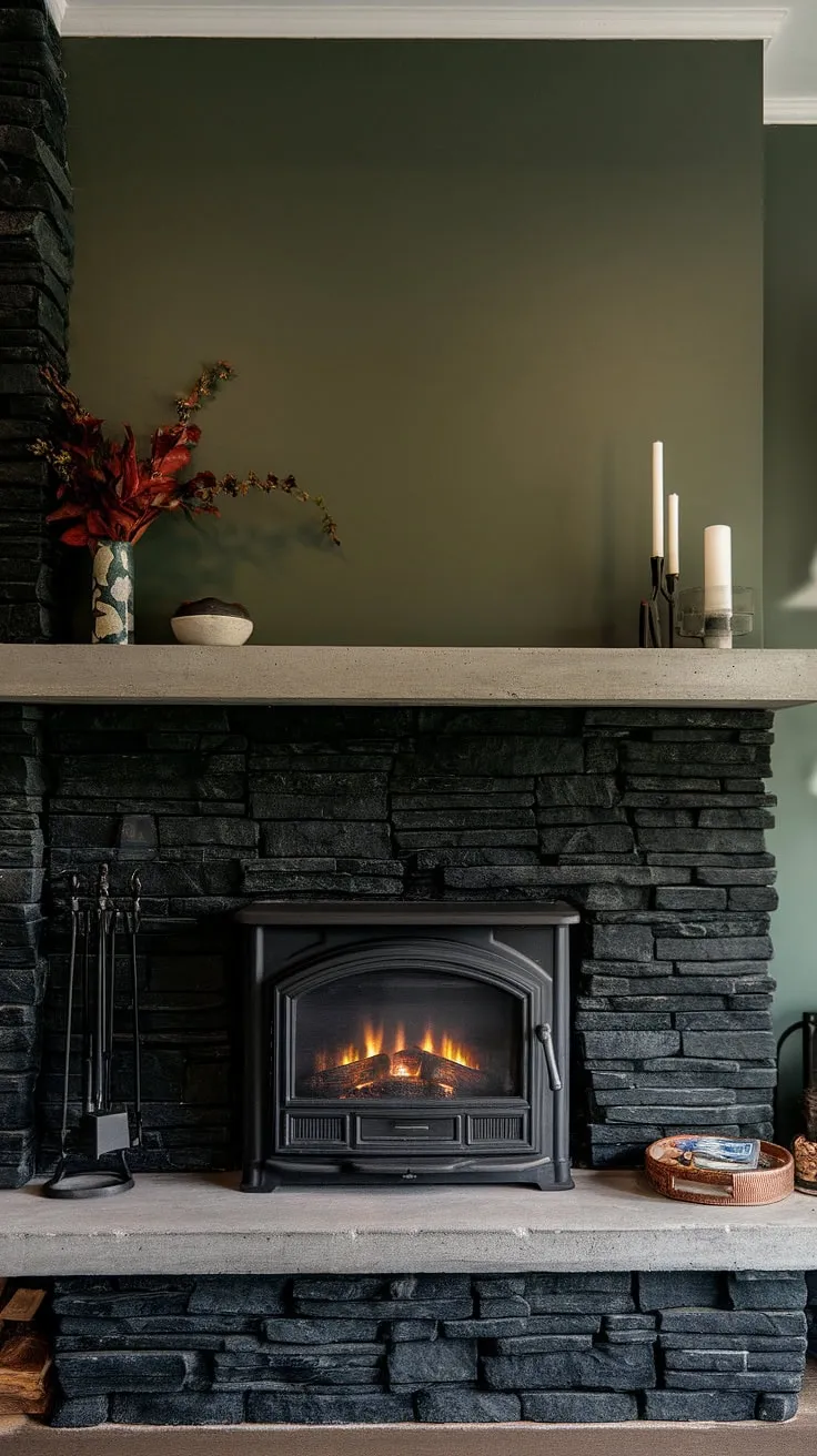 This alcove fireplace, a showstopper of black stack stone, anchors the living room with its modern fireplace decor. The concrete mantle fireplace and unique mantle decor add a touch of rustic charm against the rich green wall fireplace, creating a cozy and unexpected contrast.  This dark color fireplace, paired with a cottage electric fireplace, offers the best of both worlds: modern style and comforting warmth.