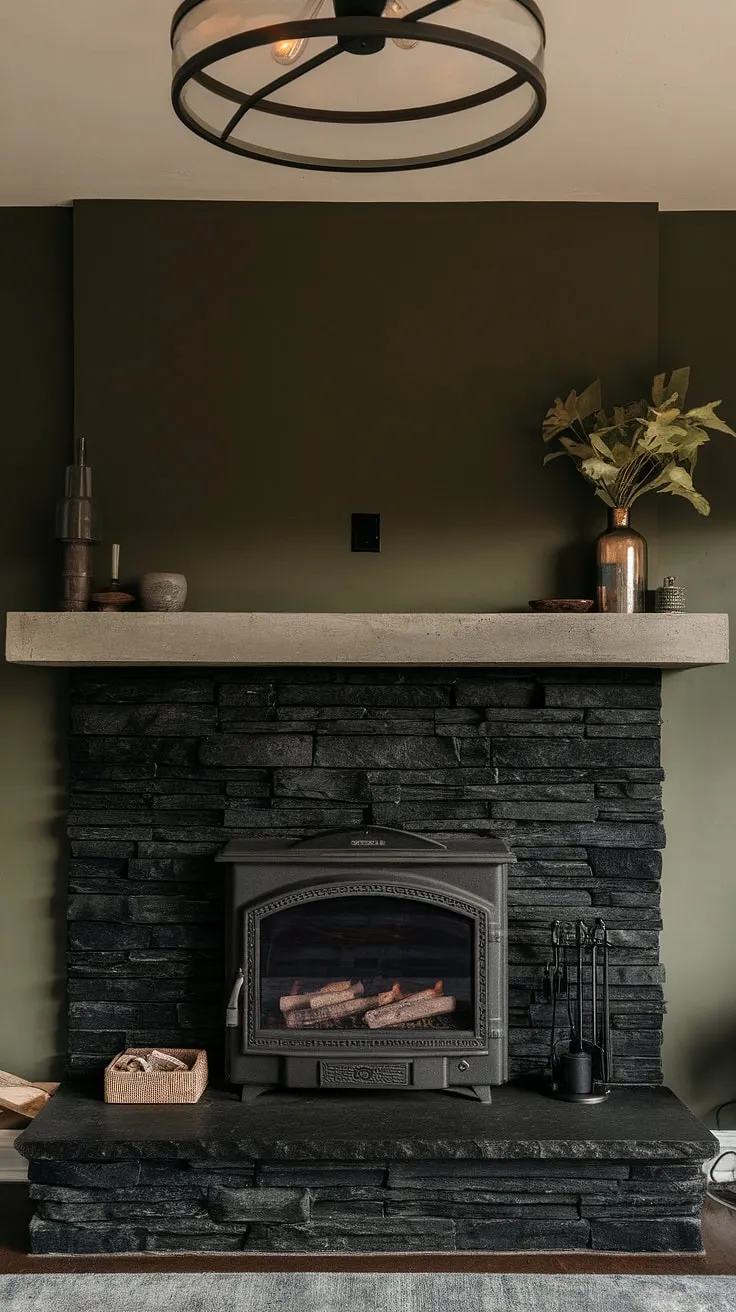 This rustic living room finds the perfect balance of modern and cozy.  The striking black stack stone fireplace, a true showstopper with its concrete mantle, anchors the space.  The alcove fireplace design, complemented by the green wall fireplace backdrop, creates a unique and inviting focal point.  Adding to the charm is a smaller cottage electric fireplace nestled beside its larger counterpart, offering versatile warmth and ambiance. This is living room fireplace ideas done right, showcasing modern fireplace decor with a unique mantle decor.