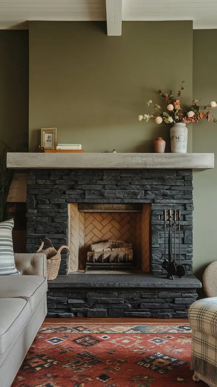 This black brick fireplace, a modern fireplace decor statement, is the heart of this charming living room. The black stack stone fireplace's alcove design and concrete mantle fireplace create a unique mantle decor, perfectly complementing the green wall fireplace and cottage aesthetic.  Discover inspiring living room fireplace ideas with this dark color fireplace and its cozy, rustic feel.