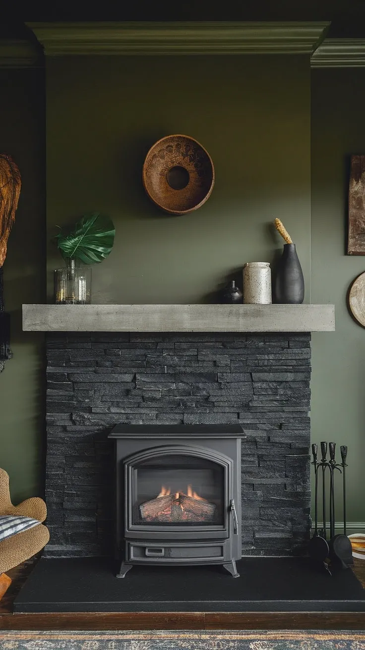 This dark and moody living room is anchored by a stunning black stack stone fireplace, a showstopper of modern fireplace decor. The alcove fireplace, complete with a concrete mantle fireplace and unique mantle decor, perfectly complements the green wall fireplace and cottage electric fireplace nestled within.  This is living room fireplace ideas done right.
