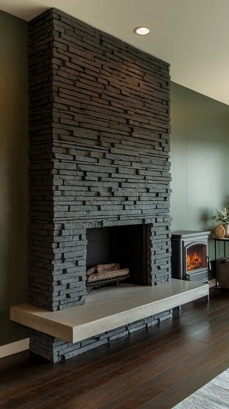 A black brick fireplace, reimagined. This black stack stone fireplace, featuring a unique concrete mantle, creates a focal point in this sophisticated living room. The green wall and dark wood floors complement the dark color fireplace perfectly, offering inspiration for your own living room fireplace ideas.  The alcove design and the inclusion of a cottage electric fireplace complete this modern fireplace decor masterpiece.