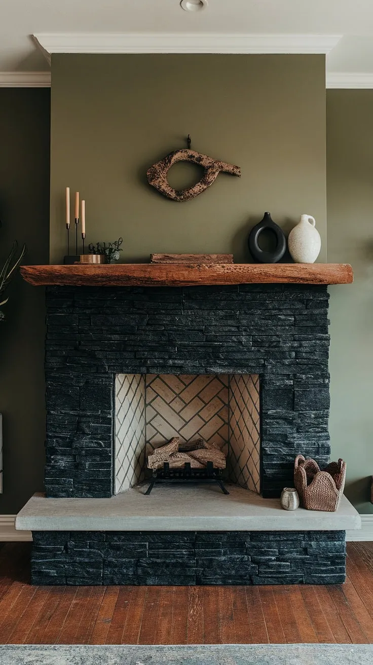 This stunning green wall fireplace showcases a modern fireplace decor masterpiece.  The alcove fireplace, built with black stack stone and a concrete mantle, boasts a unique mantle decor that elevates the space.  Perfect for those seeking living room fireplace ideas, this dark color fireplace offers a sophisticated yet cozy ambiance, ideal for a cottage electric fireplace setting. The black brick fireplace's texture adds a touch of rustic charm to this beautifully designed room.