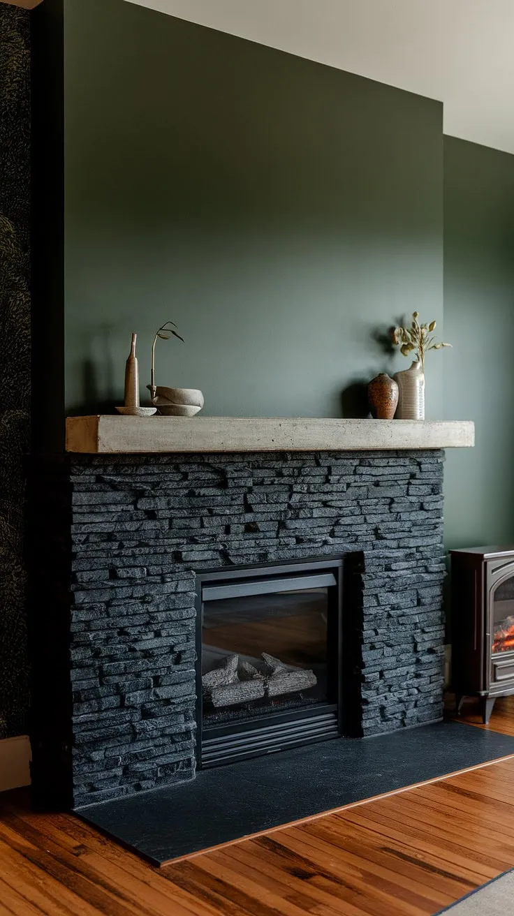 This dark and moody living room is anchored by a stunning alcove fireplace, featuring a black stack stone exterior and a unique concrete mantle. The green wall behind it adds a pop of unexpected color, showcasing the modern fireplace decor perfectly.  This black brick fireplace, paired with a cozy cottage electric fireplace, offers both style and warmth, providing inspiration for your own living room fireplace ideas.