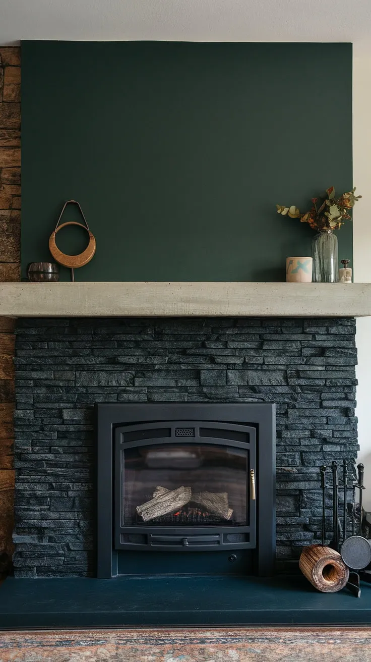 This cottage living room finds the perfect balance of rustic charm and modern style with its alcove fireplace. The black stack stone fireplace, a dark color fireplace choice, is beautifully contrasted by the deep green wall, creating a dramatic focal point.  The unique mantle decor atop the concrete mantle fireplace adds a touch of unexpected whimsy, offering inspiration for your own living room fireplace ideas. This cottage electric fireplace is a cozy and stylish addition to any home.