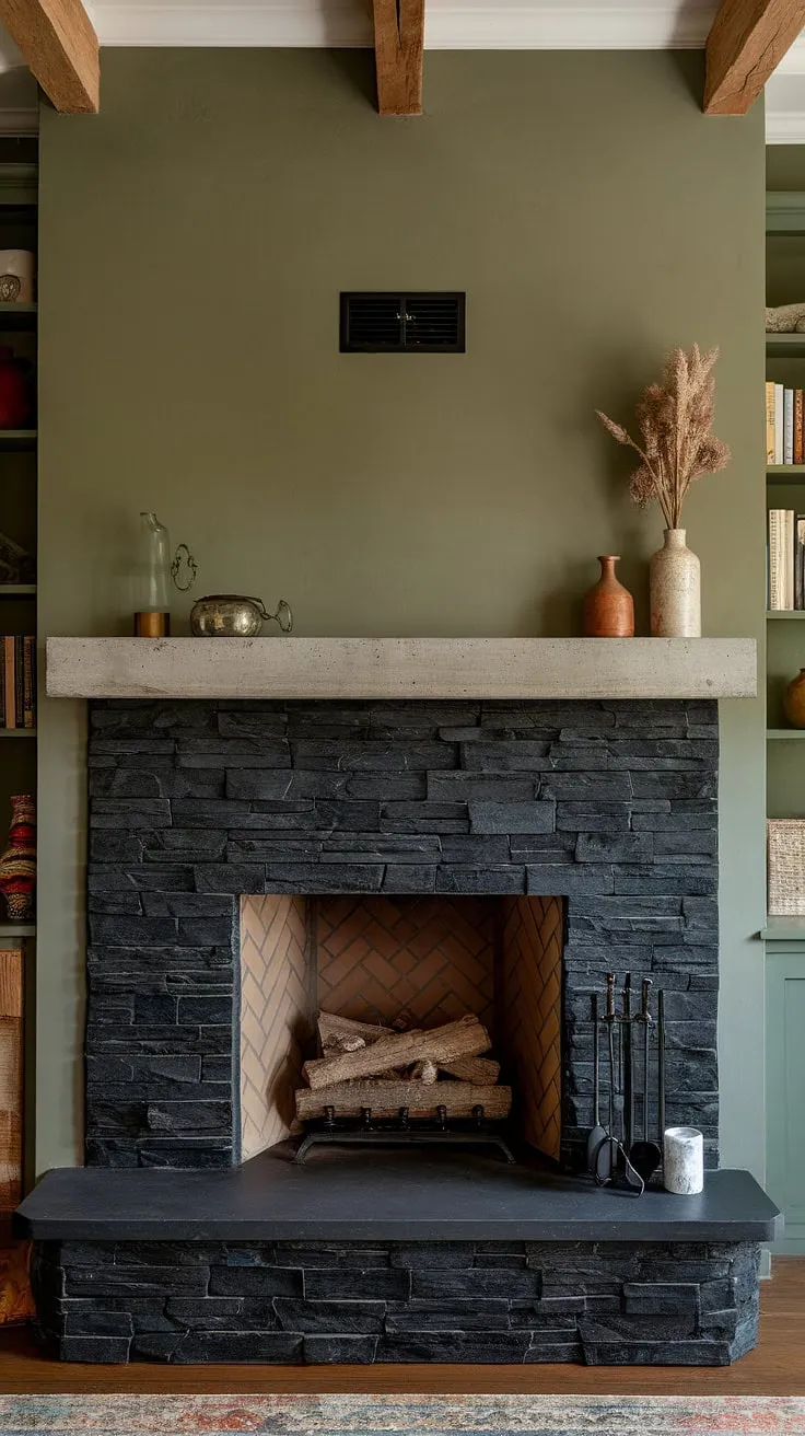 Cozy cottage vibes meet modern design with this stunning alcove fireplace. The black stack stone fireplace, featuring a unique concrete mantle and dark color base, creates a dramatic focal point against the calming green walls. This living room fireplace, a perfect example of modern fireplace decor, offers both rustic charm and contemporary style.  It's the ultimate cottage electric fireplace solution, showcasing black brick fireplace aesthetics without the hassle.