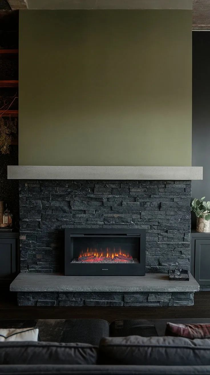 This black brick fireplace, a showstopper black stack stone fireplace in a cleverly designed alcove, sets the tone for this modern living room. The green wall fireplace provides a vibrant contrast against the dark color scheme, while the concrete mantle fireplace adds a touch of industrial chic.  With a cottage electric fireplace adding extra warmth, this space perfectly embodies unique mantle decor and offers inspiring living room fireplace ideas.