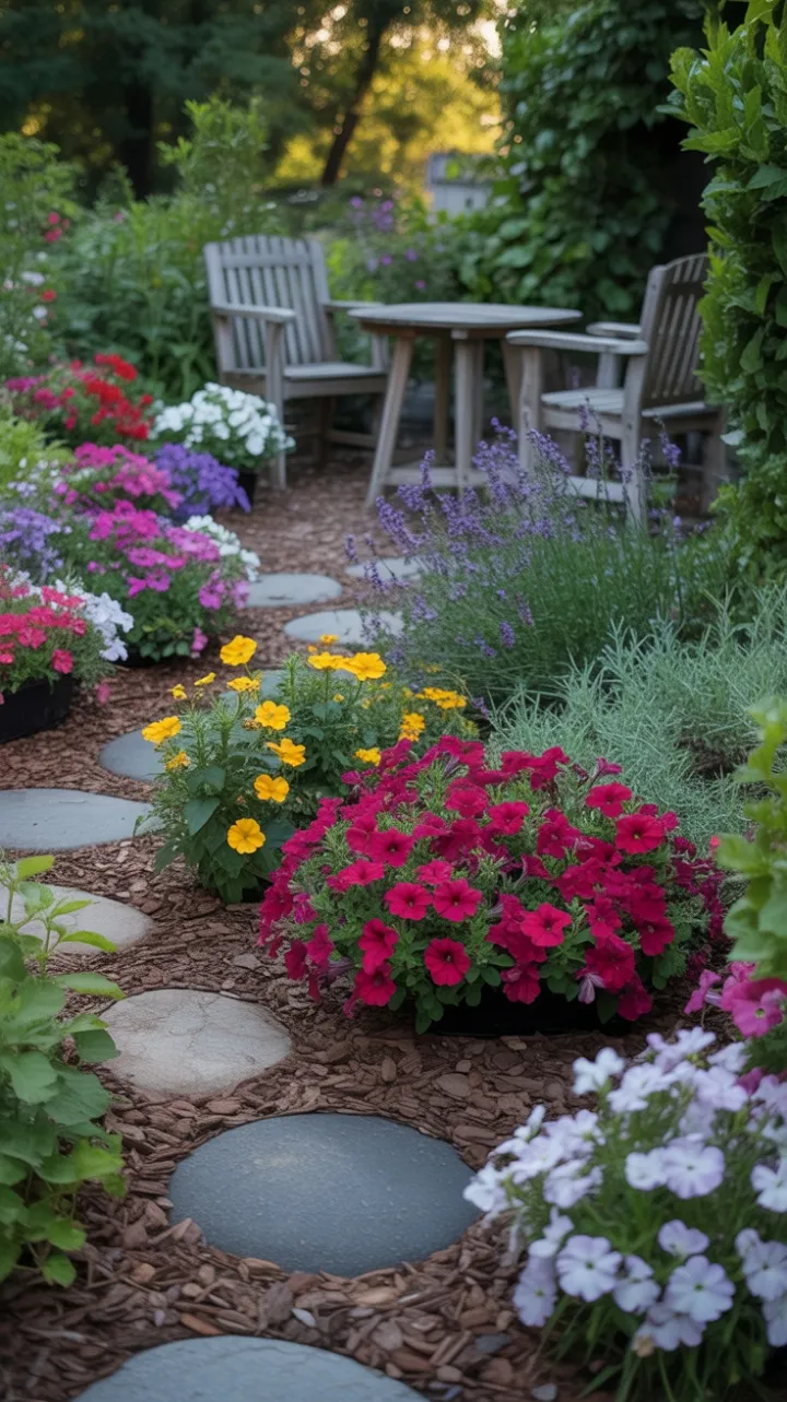 Sunlit Garden Retreat of Crimson Petunias and Golden Marigolds