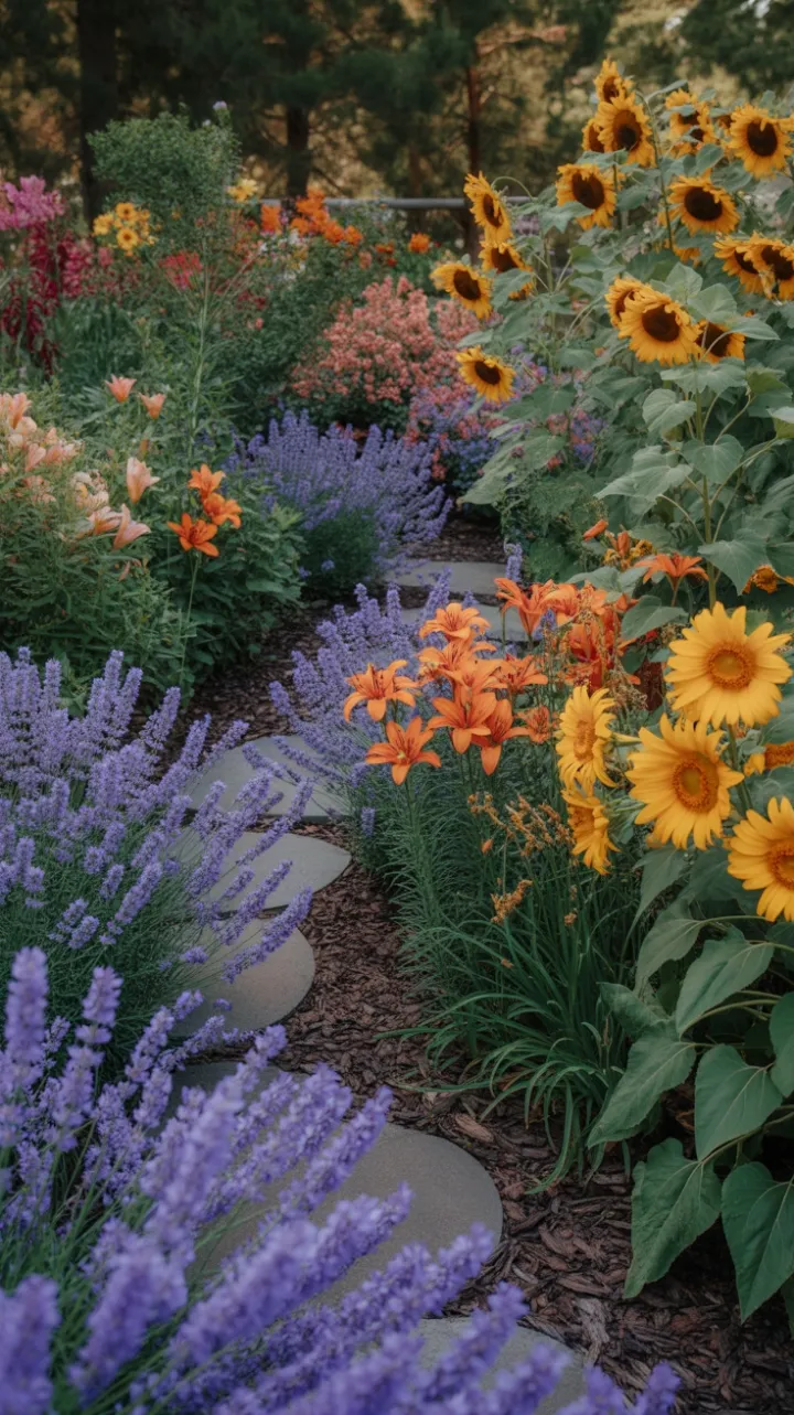 Sunlit Stone Path Through a Symphony of Lavender, Lilies and Sunflowers
