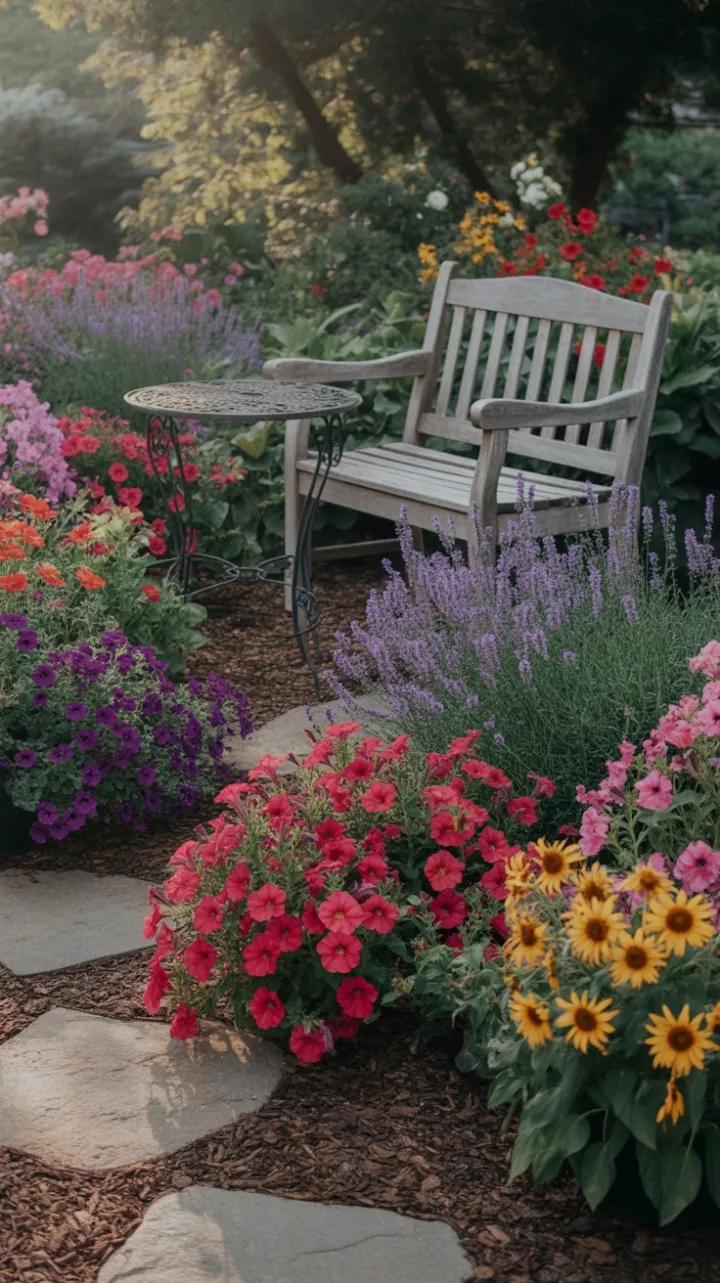 Dappled Sunlight on a Vintage Garden Overflowing with Petunias and Sunflowers