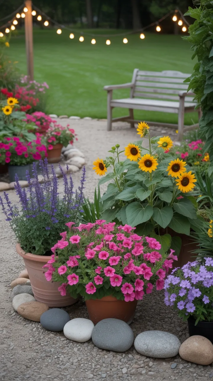 Serene Garden Path of Petunias Sunflowers and Salvia Under Glowing String Lights