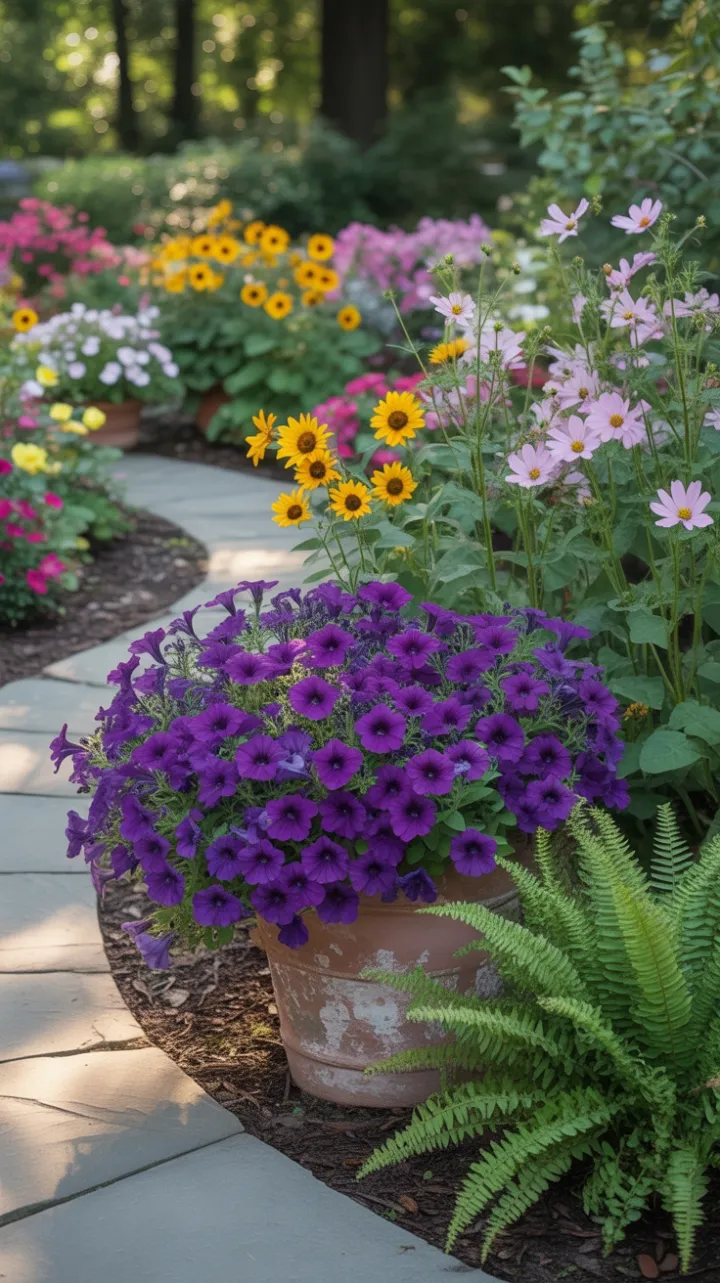 Sunlit Garden Path to Spilling Purple Petunias