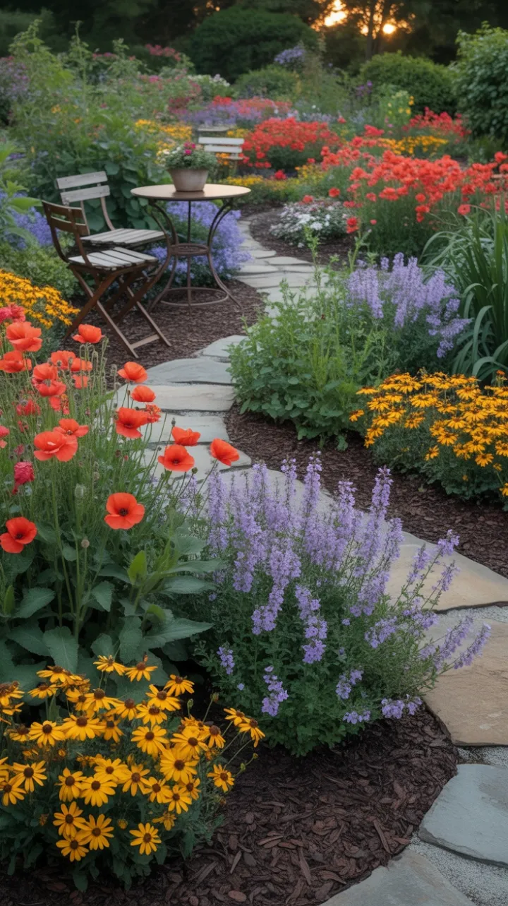 Sunlit Garden Pathway to a Cozy Bistro Among Scarlet Poppies