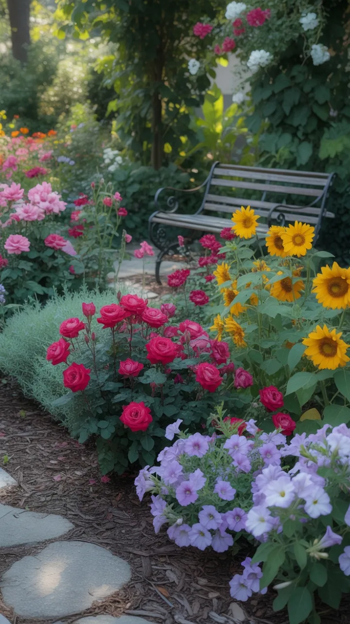 Sunlit Tapestry of Crimson Roses Lavender Petunias and Golden Sunflowers