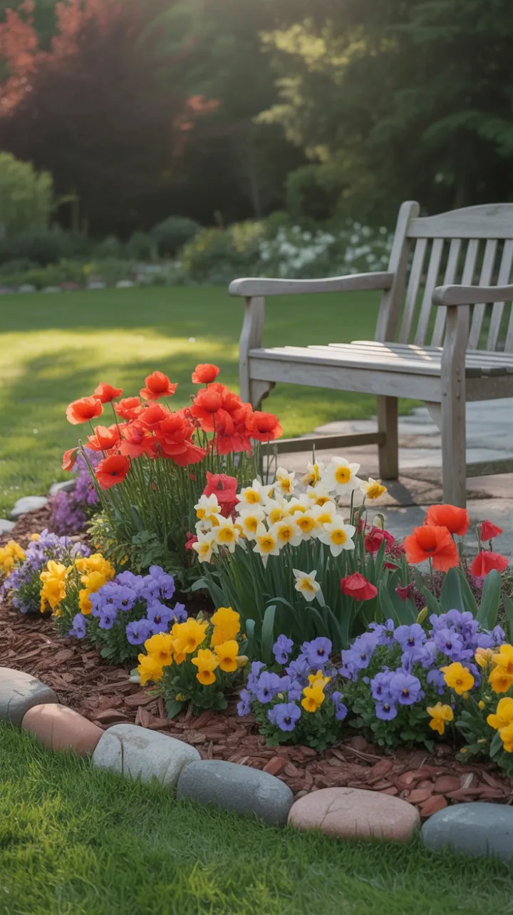 Sunlit Garden Symphony of Scarlet Poppies, Golden Daffodils and Violet Pansies