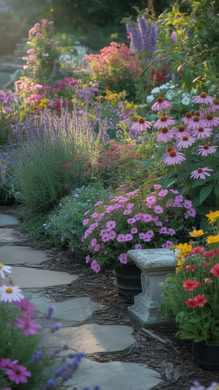 Sunlit Tapestry of Blooms and Stone Paths