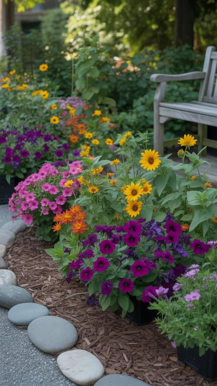 Sunlit Garden Tapestry of Purple Petunias, Golden Sunflowers and Fiery Zinnias