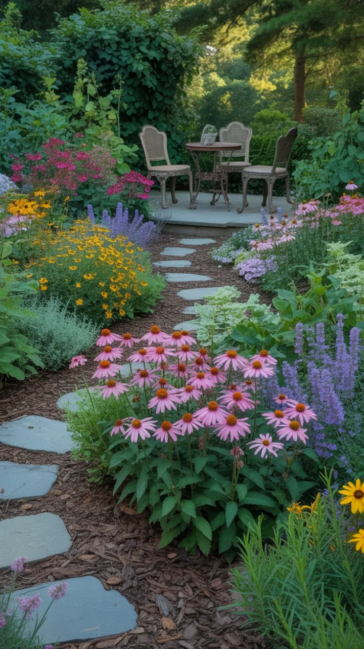 Sunlit Path Through a Lavender and Coneflower Sanctuary