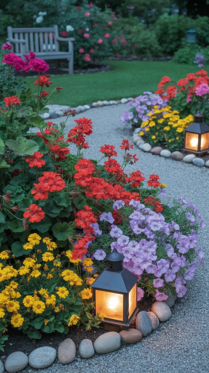 Lantern-Lit Pathway Through a Tapestry of Summer Blooms
