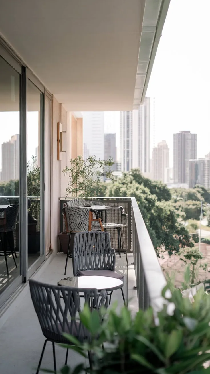Soft light bathes your chic balcony bar, cityscape twinkling beyond the potted plant and inviting chairs