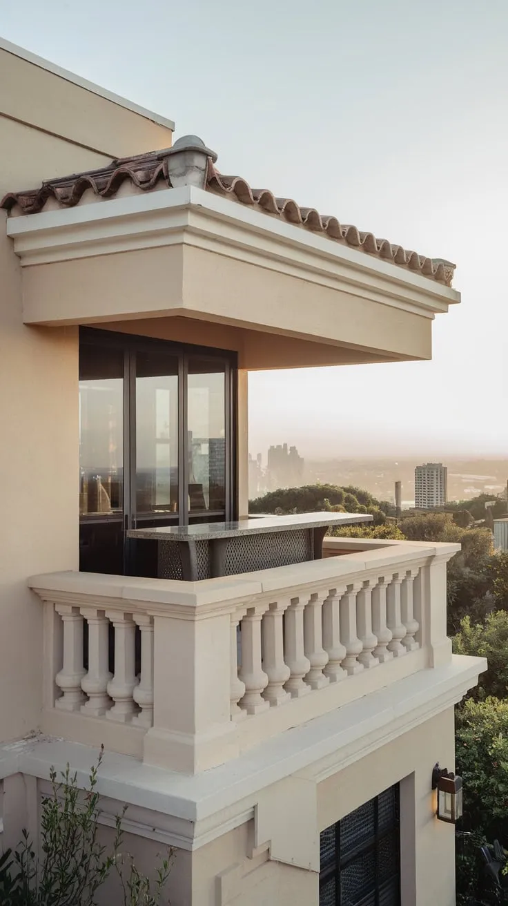 From your high vantage point, soft light bathes a sleek apartment's balcony bar, offering breathtaking city views