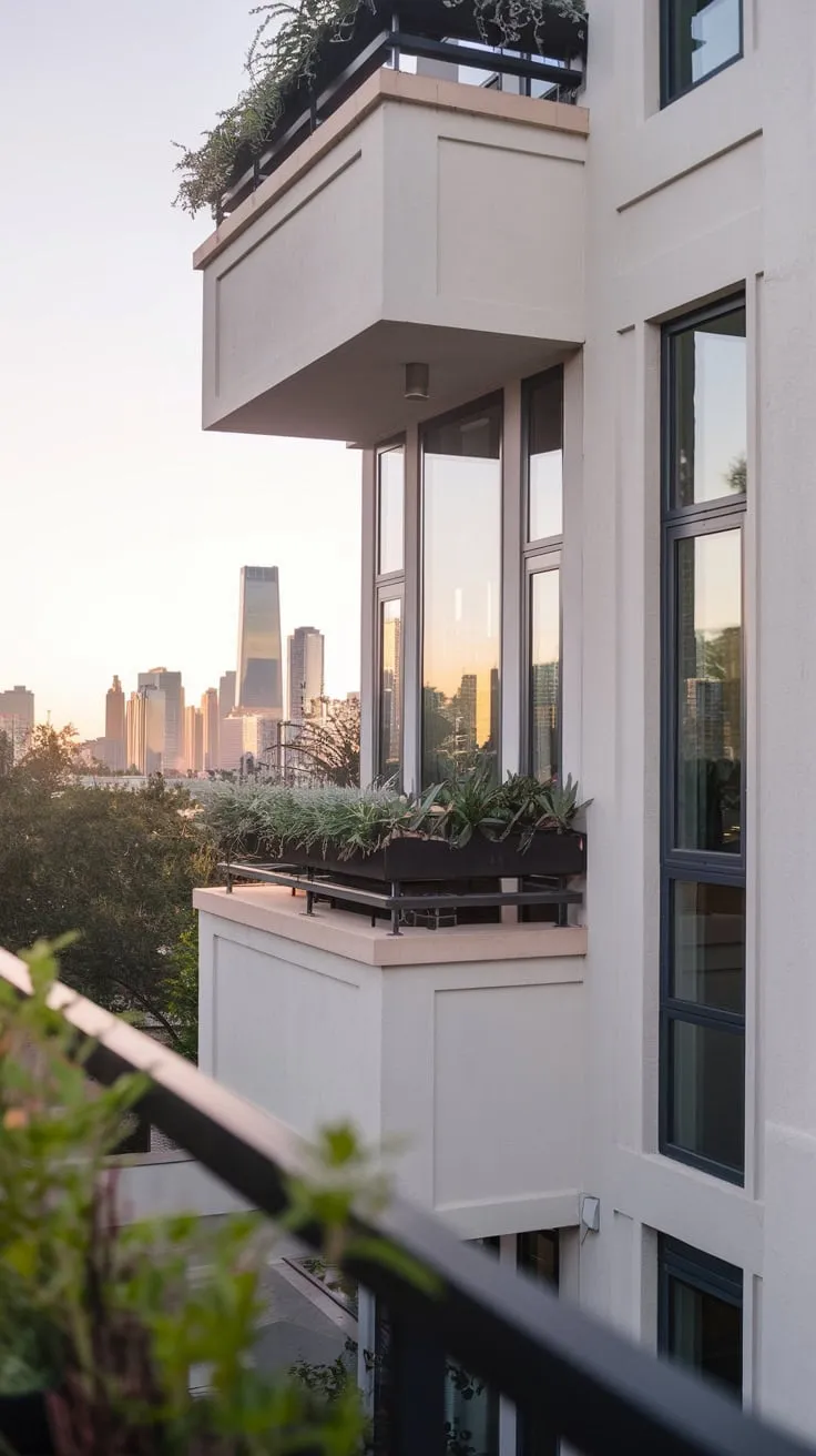 Discover your urban oasis with a sleek, minimalist home that boasts stunning skyline views from your serene balcony