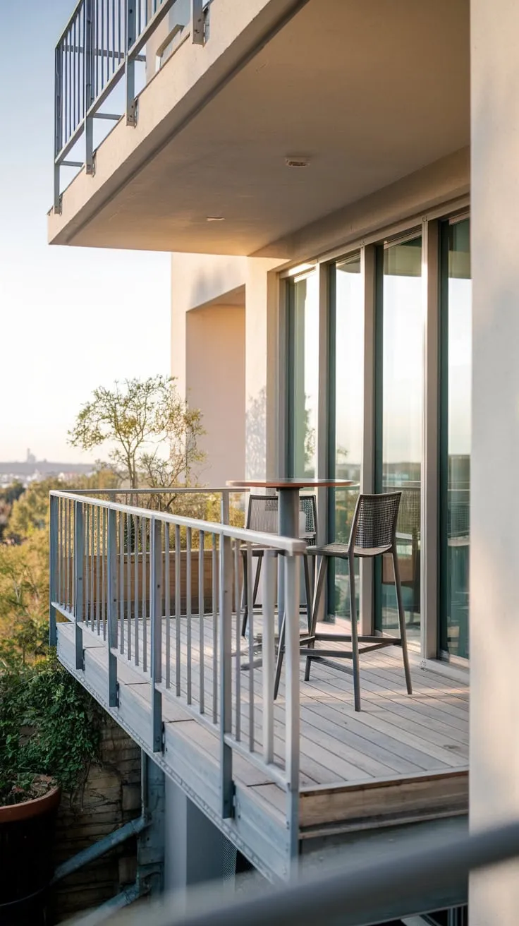 From above, you see a sleek apartment balcony with a steel railing, wooden planks, a small bar, two chairs, a potted plant, and a breathtaking city view bathed in soft light