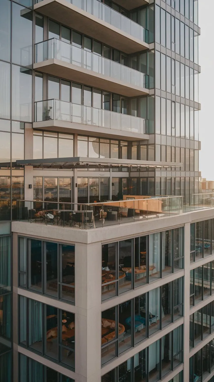From your vantage point, a sleek glass and concrete building's rooftop balcony bar, softly lit and overlooking the sprawling cityscape, beckons