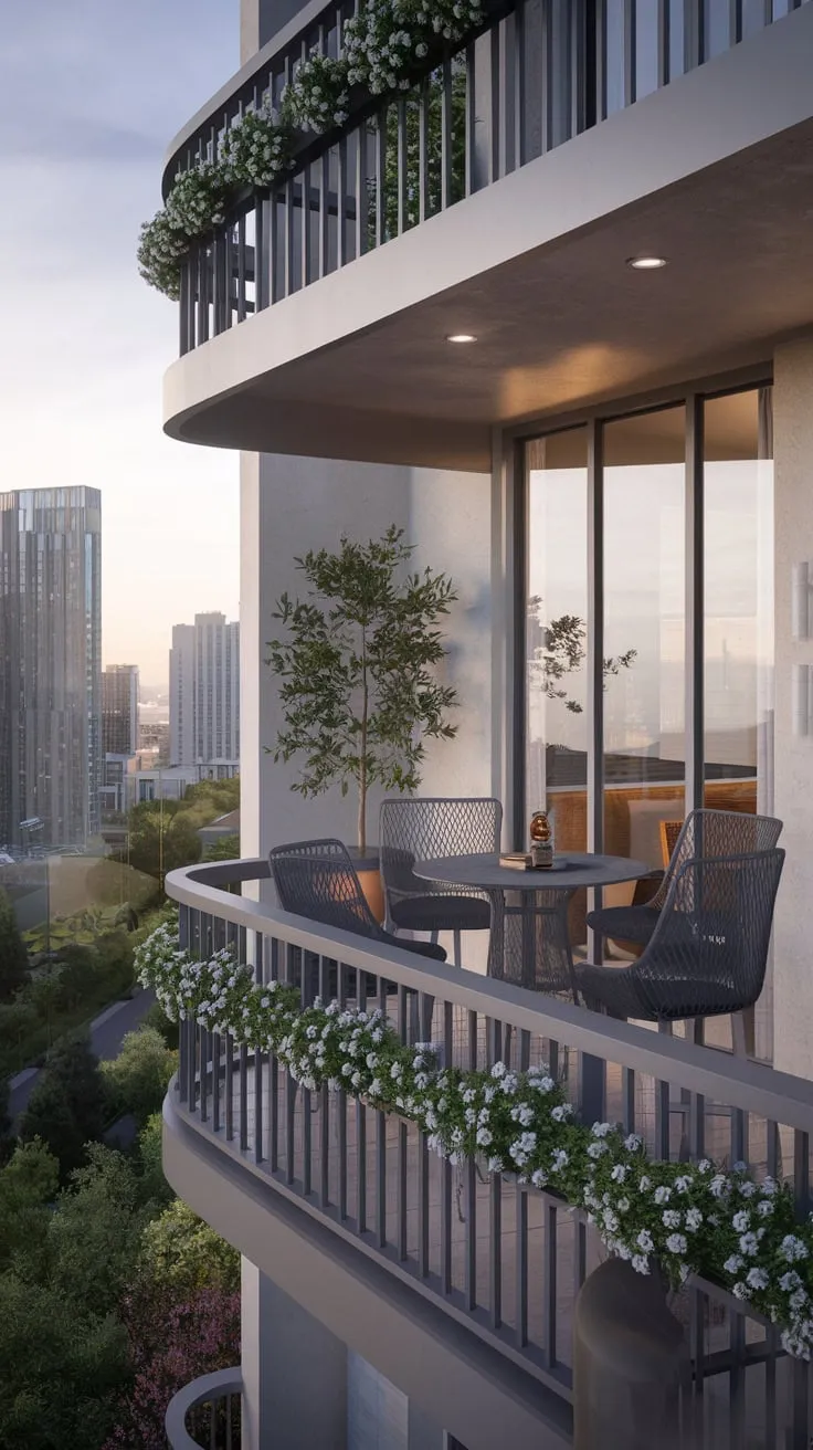 Soft light bathes your chic apartment balcony bar, complete with table, chairs, and a potted plant, as you enjoy a breathtaking city vista