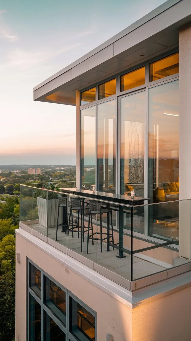 Warm light softly illuminates your sleek home's glass balcony, perched high above the city with a bar and chairs offering breathtaking views