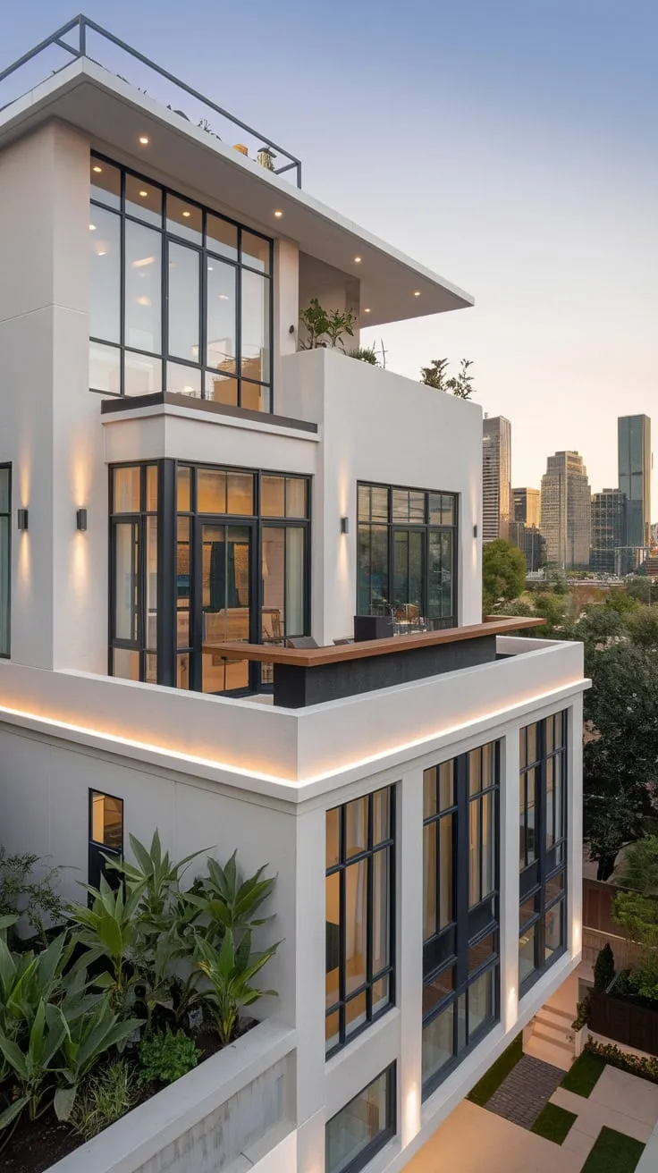 From your vantage point, a sleek white building with black-framed windows, cascading levels, and a second-story balcony bar softly lit for city views, invites you in