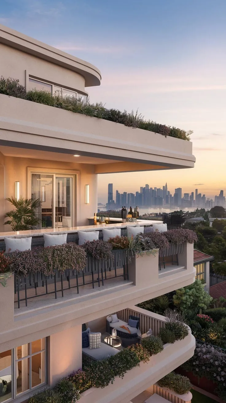 Doesn't this beautiful space with its impressive balcony bar create an ideal setting for enjoying the city skyline?