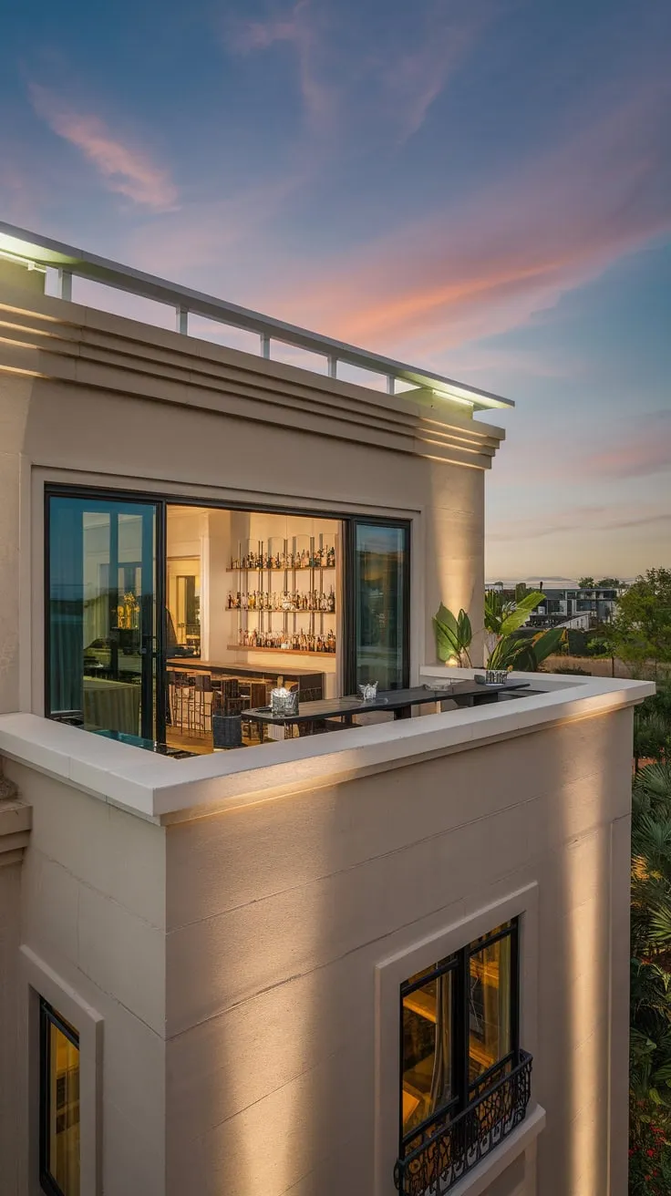 Soft lights illuminate your stylish home, its balcony bar offering a breathtaking view from above