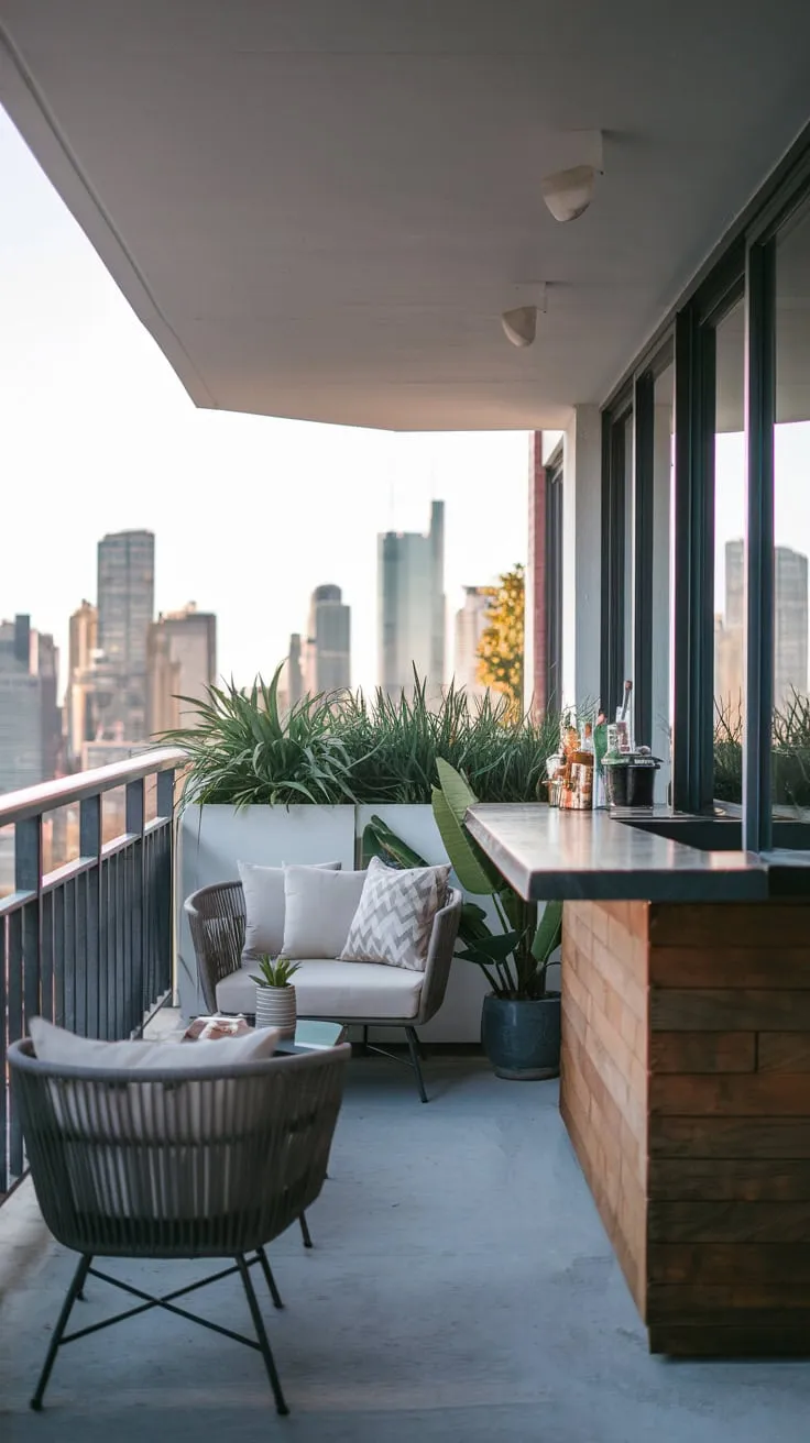 Soft light bathes your chic balcony bar, a white sofa and potted plants nestled beside it as you overlook the city skyline