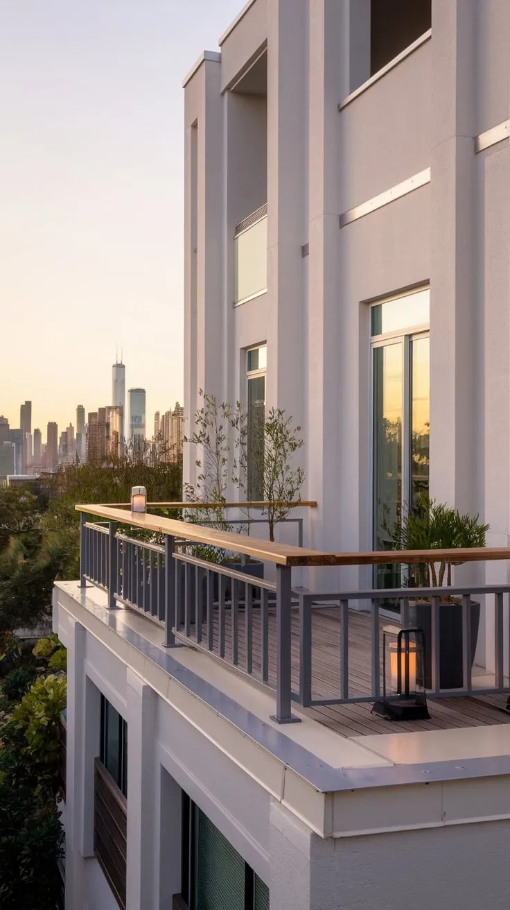 Discover your serene urban retreat, where minimalist elegance meets breathtaking skyline views from a cozy balcony oasis