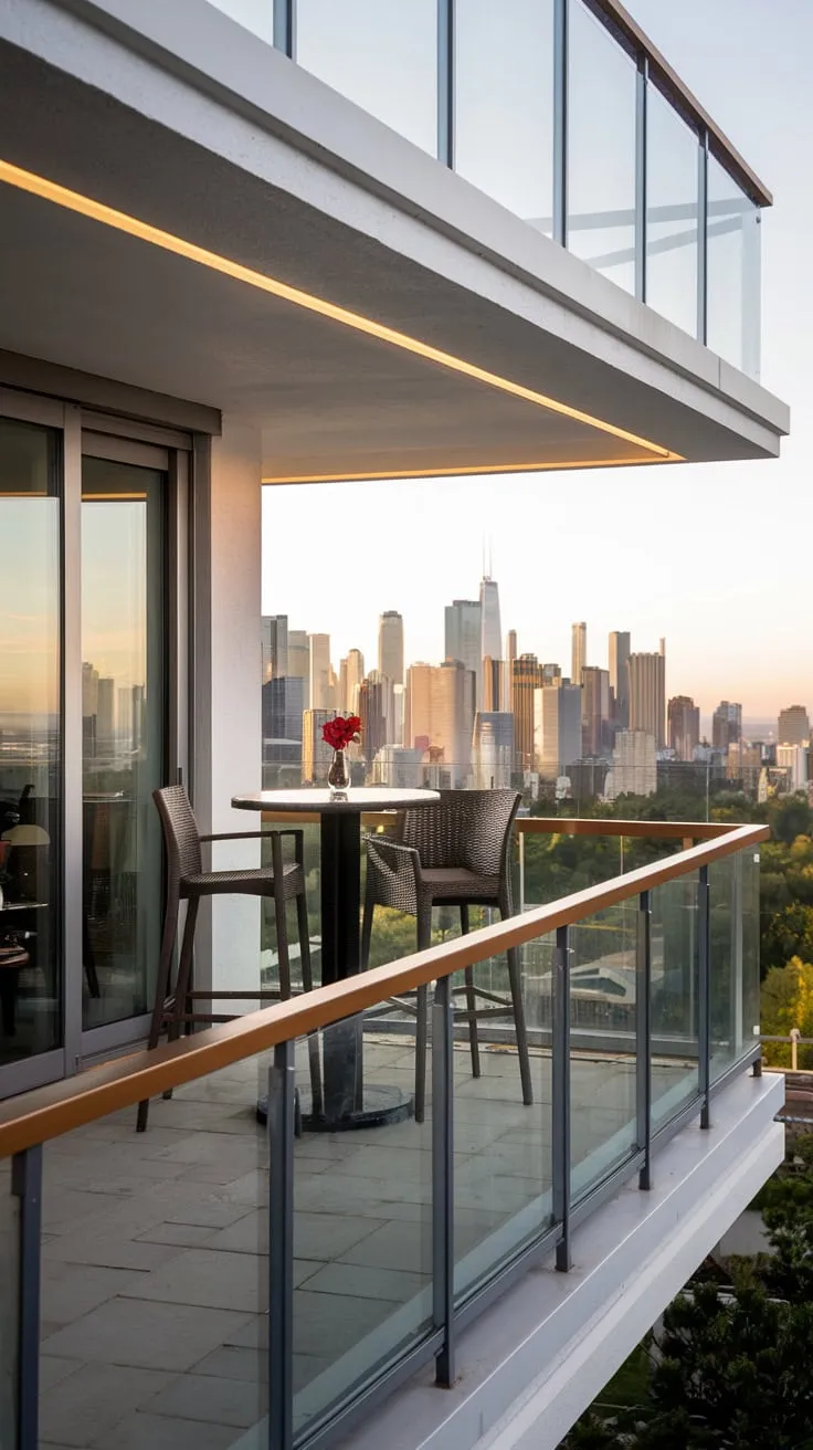 From your bird's-eye view, a sleek home's glass-railed balcony, softly lit and showcasing a city skyline panorama, beckons with its intimate bar setting