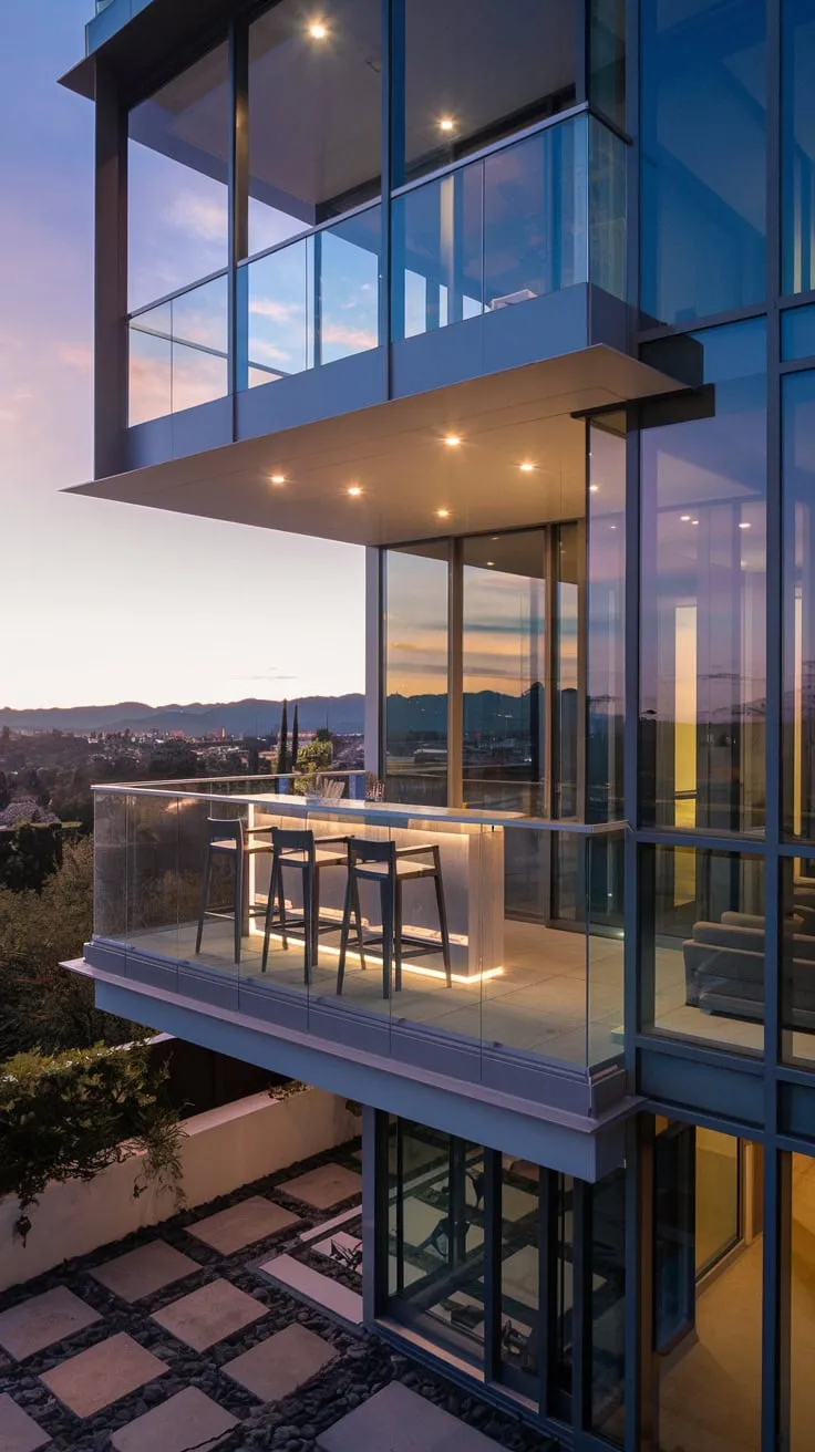 Discover your urban oasis with a sleek glass exterior, a stylish balcony bar, and breathtaking city views bathed in soft lighting