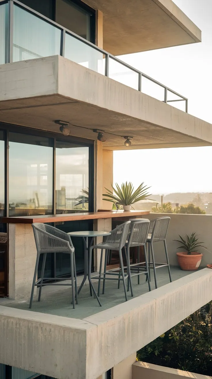 Soft light bathes your concrete home's multi-level balcony bar, where you can relax with a drink, enjoy the city view, and the company of a potted plant