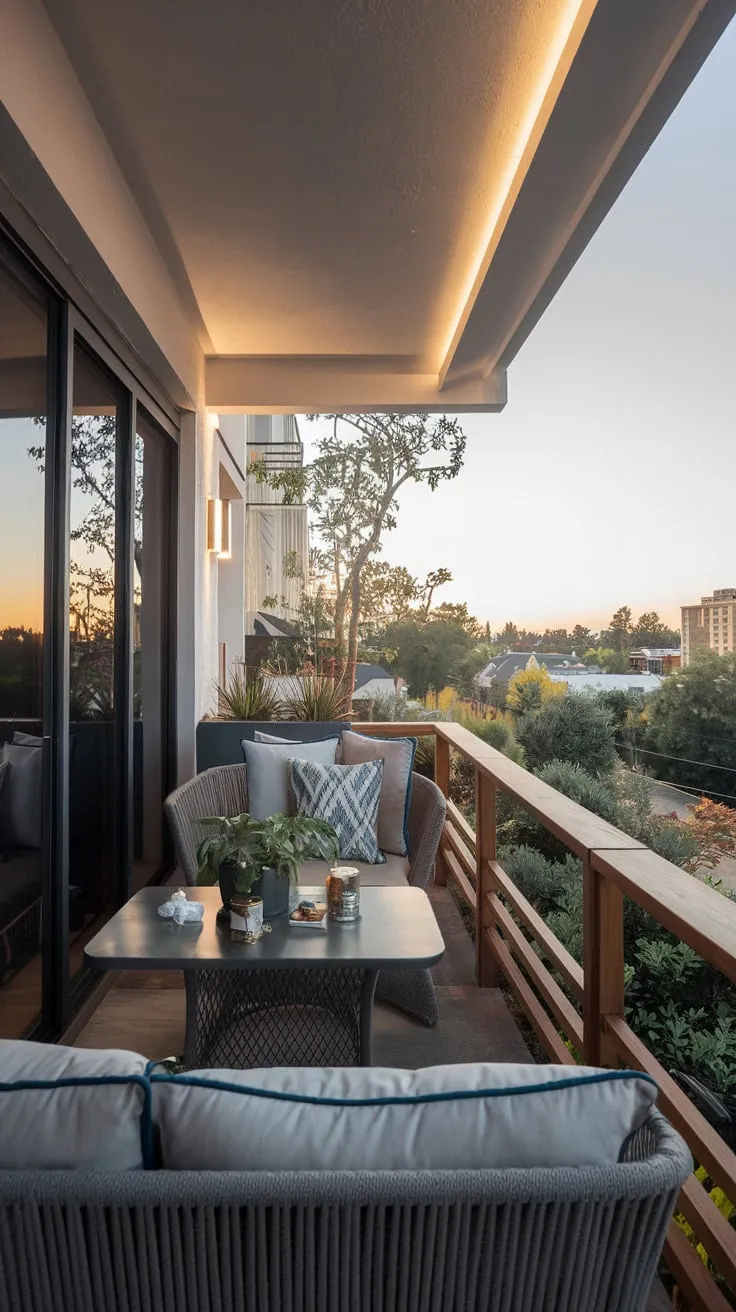 Soft light illuminates your apartment's wooden-railed balcony bar, a cityscape backdrop complementing the cozy seating and inviting view
