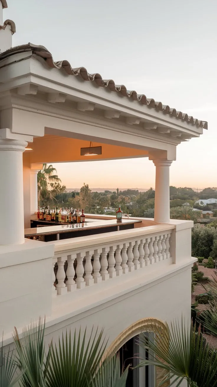 From above, you see a softly lit home with a balcony bar overlooking a stunning vista