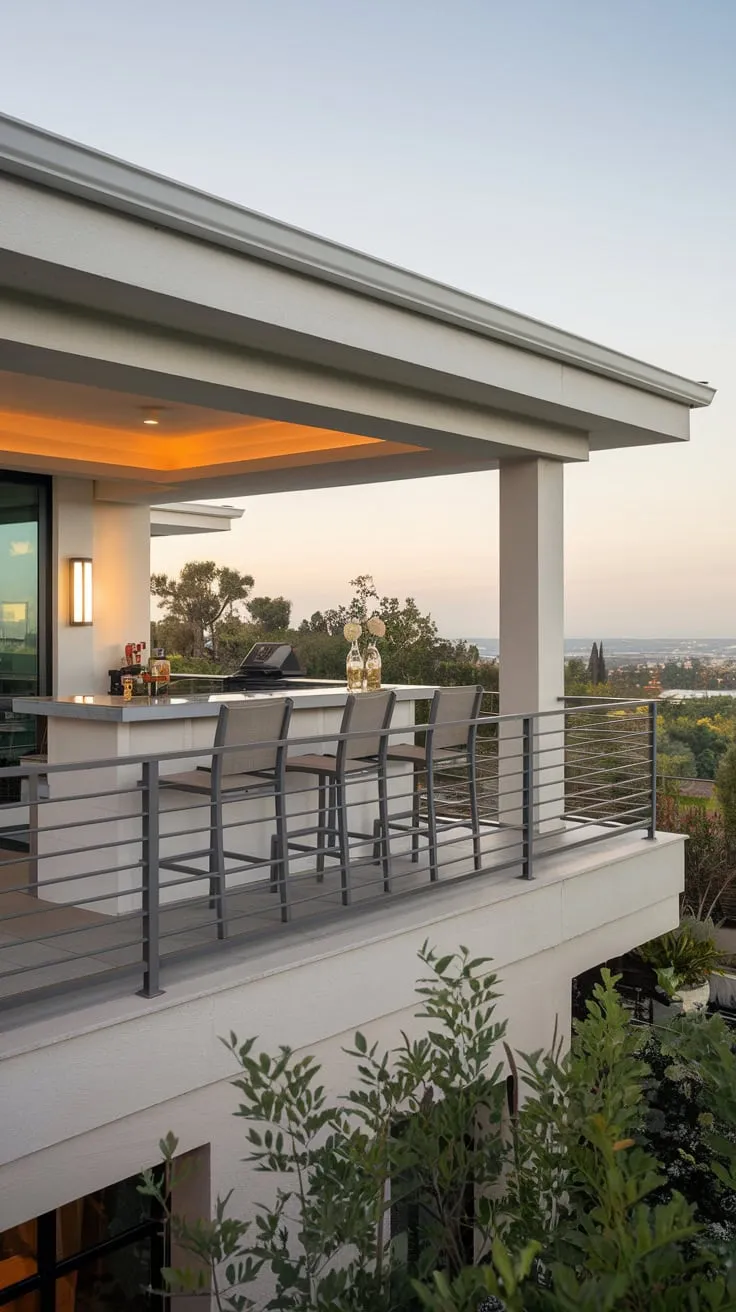 From your lofty balcony, a cityscape panorama unfolds as you enjoy drinks under a gentle glow