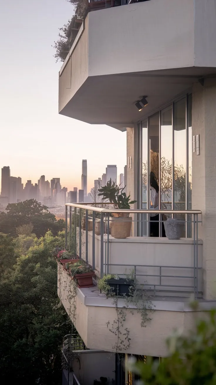 From your high vantage point, a softly lit apartment balcony, adorned with plants and overlooking a stunning city skyline, shows a person enjoying a drink at a minimalist bar
