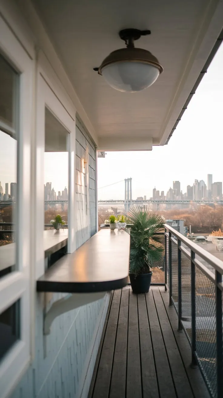 From your vantage point, a chic home's wooden balcony, complete with a bar, potted plant, and ceiling light, overlooks a stunning city skyline and bridge under soft light