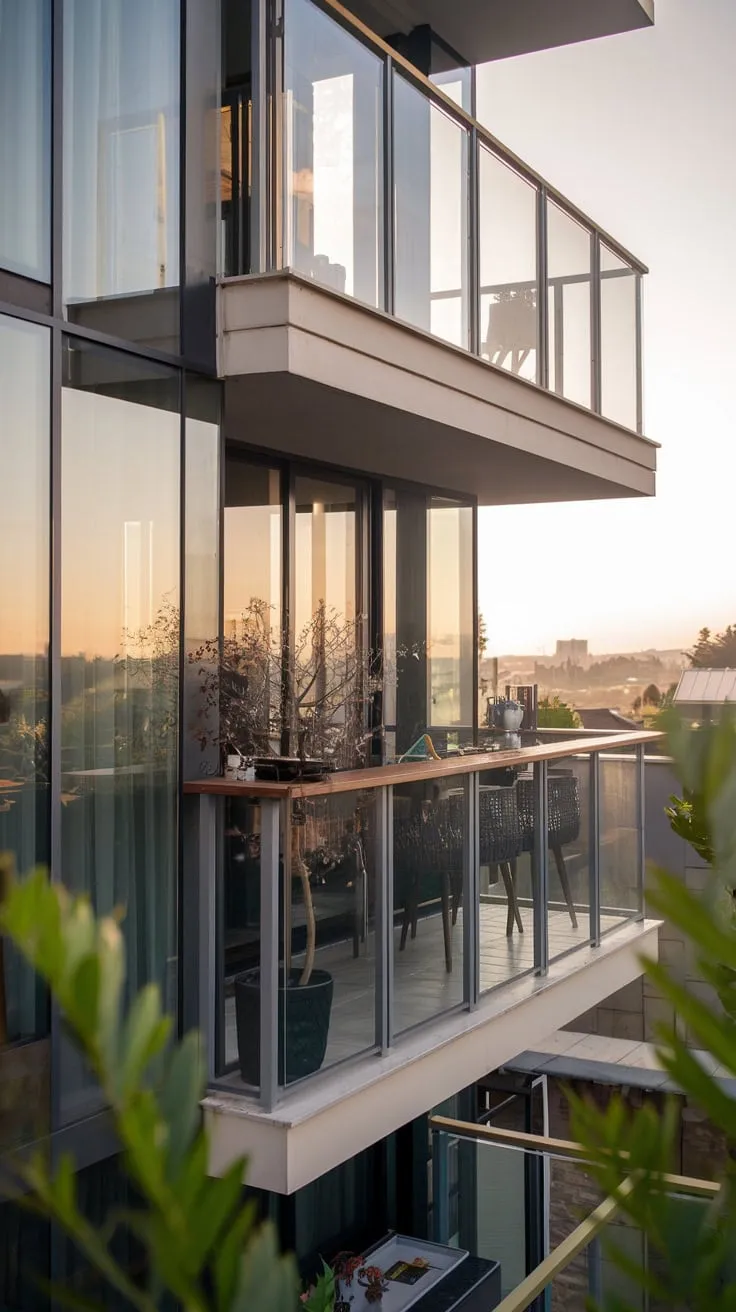 From your vantage point, a sleek glass building reveals a chic apartment balcony bar, complete with city views, potted plants, and soft evening light
