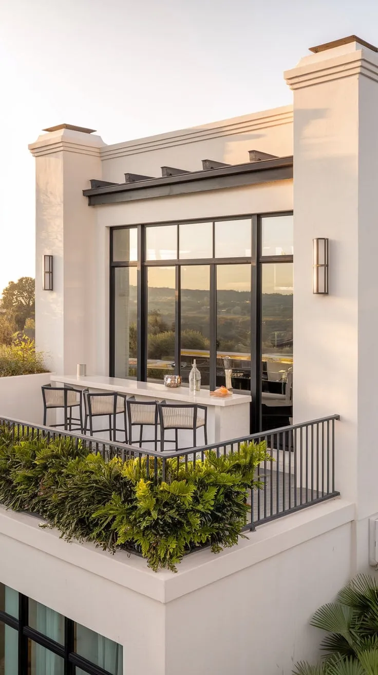 Discover your dream retreat in a modern white home with sleek black accents, where soft lighting and lush greenery invite you to unwind on the balcony overlooking breathtaking views