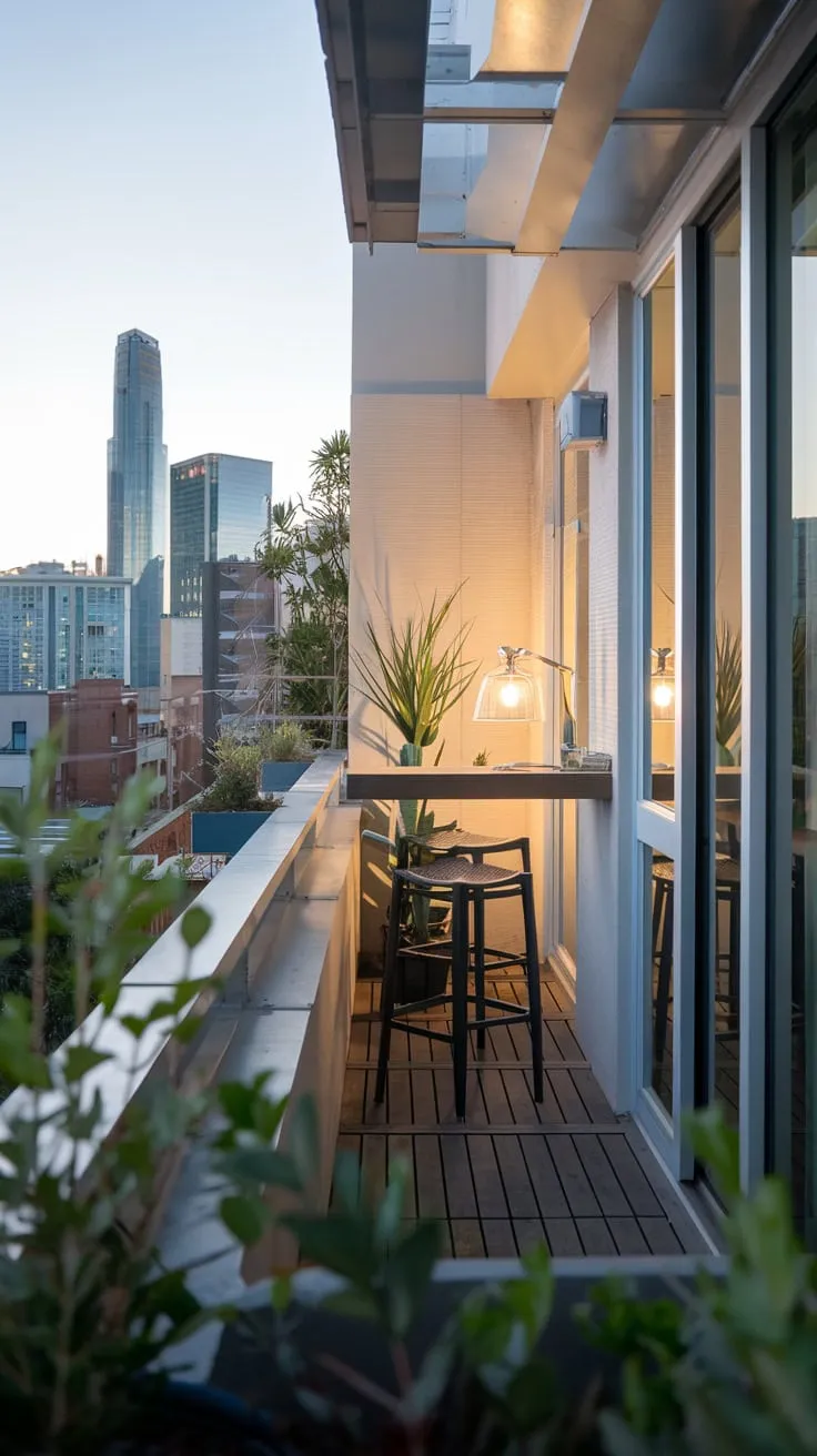 From your high-rise balcony, city lights shimmer beyond your stylish bar, potted plants and a single stool adding warmth to the scene
