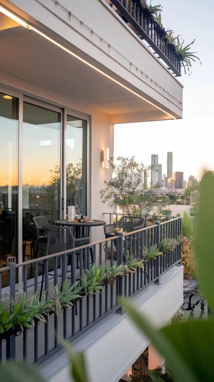 From your apartment balcony, a cityscape panorama unfolds beneath a warm glow, framed by potted plants and a small, inviting patio set