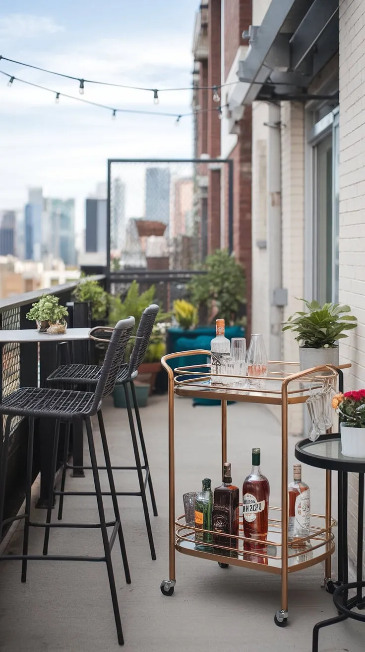 Transform your apartment balcony into a chic and functional outdoor escape with this balcony bar area.  This balcony bar setup proves that even a small balcony can accommodate a stylish balcony cocktail bar.  The balcony bar cart, complete with balcony bar accessories, and the carefully chosen balcony bar furniture, including comfortable balcony bar stools, create the perfect ambiance.  Get inspired by this balcony bar design and find your own creative balcony bar ideas for your apartment. This urban balcony bar is a masterclass in apartment balcony decor and small balcony bar solutions.