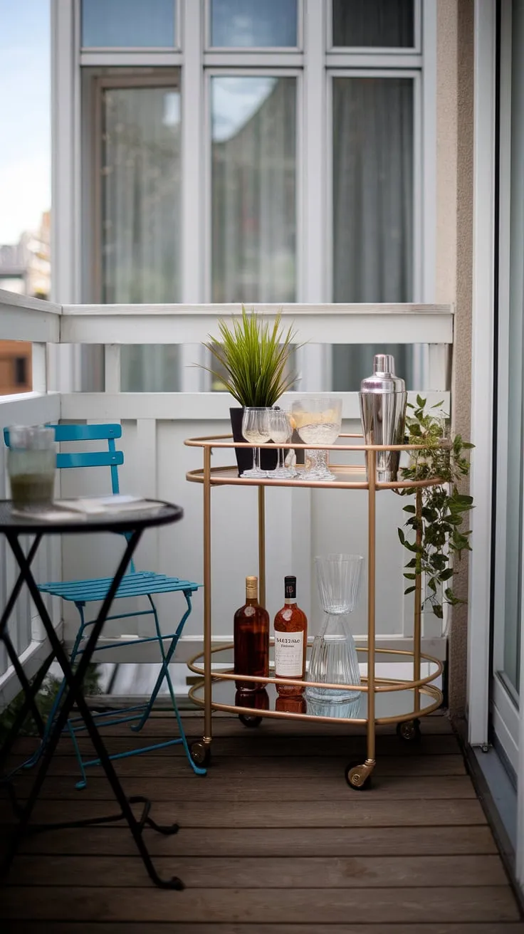 This balcony bar setup proves that size isn't everything.  This small balcony bar, complete with a bar cart, balcony bar stools (though not pictured), and carefully chosen balcony bar accessories, is the ultimate apartment balcony bar.  Find inspiration for your own balcony bar ideas with this apartment outdoor bar design, showcasing how to create a functional and aesthetically pleasing balcony bar area using minimal balcony bar furniture.  The result? A perfect urban balcony bar for enjoying drinks in the city.