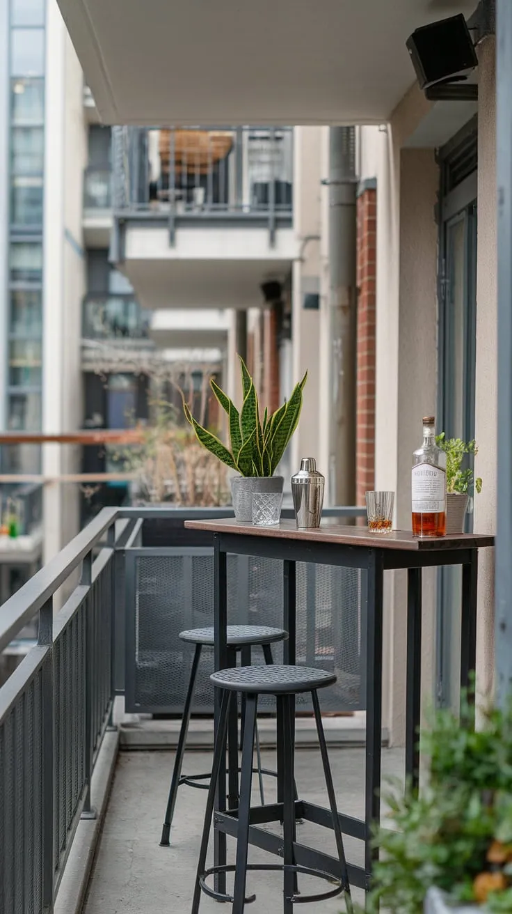 Transform your apartment balcony into a stylish outdoor balcony bar. This balcony cocktail bar showcases how a few key pieces of balcony bar furniture—like these charming balcony bar stools—can create a stunning apartment outdoor bar.  The balcony bar design is both functional and aesthetically pleasing, offering a perfect blend of apartment balcony decor and a practical balcony bar area.  Find more balcony bar ideas and inspiration for your own small balcony bar setup.
